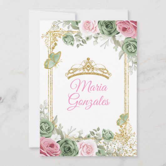 セージグリーンキンセアニラピンク金ゴールドクラウンバタフライ 招待状 (裏面)