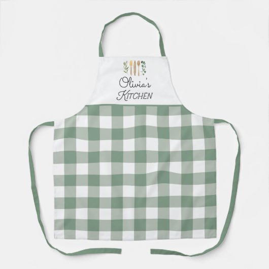 セージグリーンギンガムパターンファームハウスコテージコア エプロン (正面)