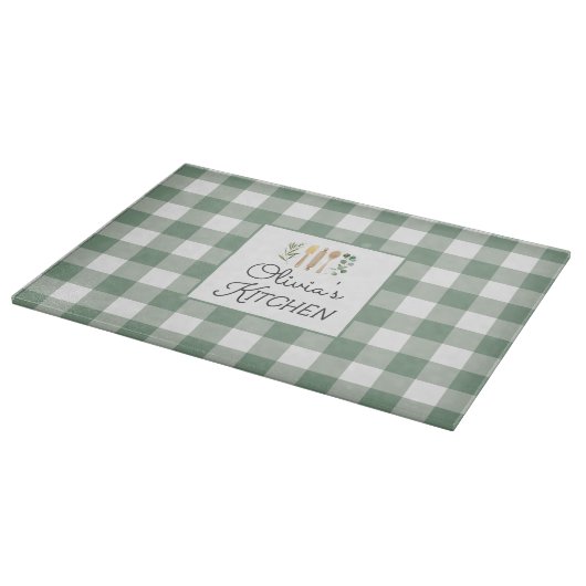 セージグリーンギンガムパターンファームハウスコテージコア カッティングボード (角)