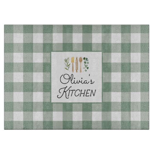 セージグリーンギンガムパターンファームハウスコテージコア カッティングボード (正面)
