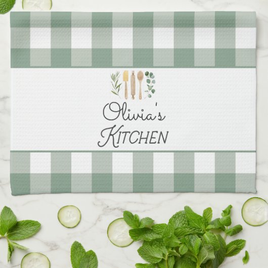セージグリーンギンガムパターンファームハウスコテージコア キッチンタオル (折り畳み)