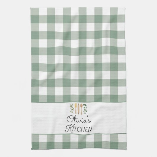 セージグリーンギンガムパターンファームハウスコテージコア キッチンタオル (縦)