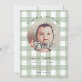 セージグリーンギンガムフォト誕生日 招待状