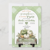 セージグリーンギンガム秋パンプキンテーマ誕生日 招待状 (正面)