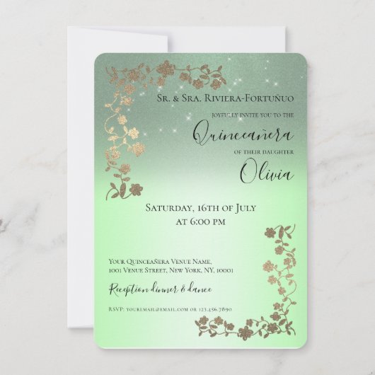 セージグリーンクインズ金ゴールドグリッター写真キンセアニェラ 招待状 (裏面)