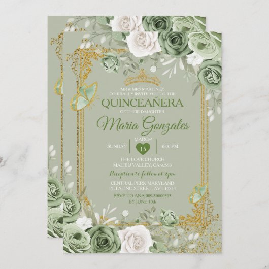 セージグリーンクインセアニラ金ゴールドクラウンバタフライ 招待状 (正面/裏面)