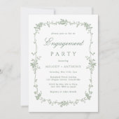 セージグリーンクラシックフローラフランスの婚約パーティ 招待状 (正面)