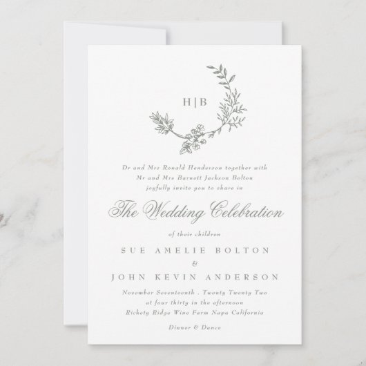 セージグリーンクラシックフローラリースモノグラム結婚ズ 招待状 (正面)