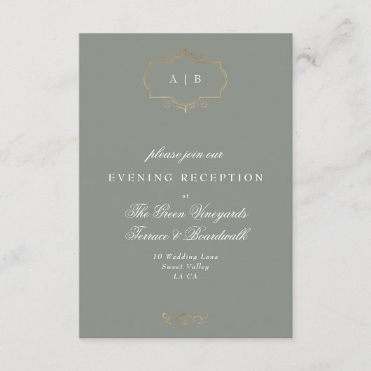 セージグリーンクラシック金ゴールド結婚モノグラム エンクロージャーカード (正面)