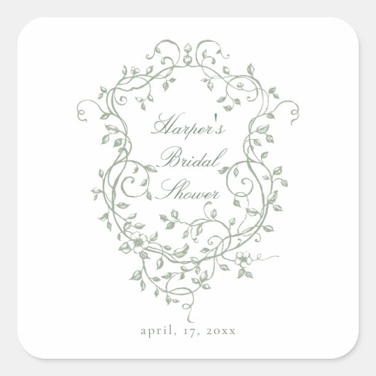 セージグリーンクラスフランスのビクトリアンブライダルシャワー スクエアシール (正面)