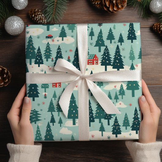 セージグリーンクリスマスツリーレッドクリスマス ラッピングペーパー