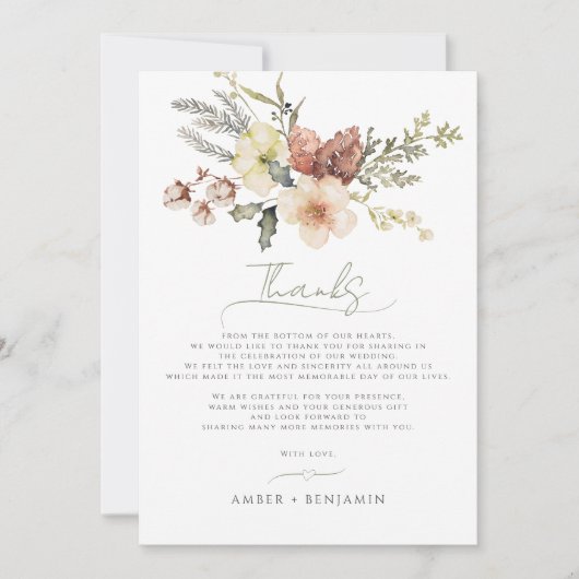 セージグリーンクリスマスフローラウィンターパイン結婚ズ サンキューカード (正面)