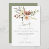 セージグリーンクリスマスフローラウィンターパイン結婚ズ サンキューカード (正面/裏面)