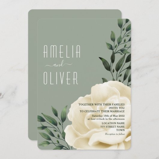 セージグリーンクリーム結婚フローラ 招待状 (正面/裏面)