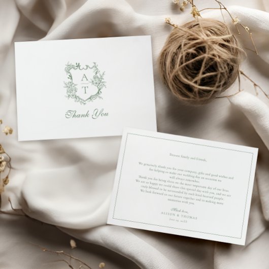 セージグリーンクレストモノグラム結婚ズサンキューカード サンキューカード