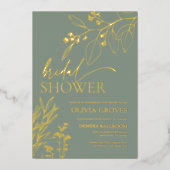 セージグリーンゴールドフォイルブライダルシャワー招待 箔招待状 (正面)
