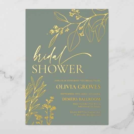 セージグリーンゴールドフォイルブライダルシャワー招待 箔招待状 (正面)