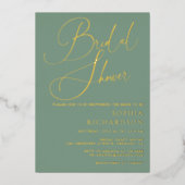 セージグリーンゴールドフォイル書道ブライダルシャワー 箔招待状 (正面)