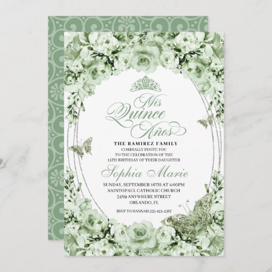 セージグリーンシルバーフローラティアラキンセアニェラ 招待状 (正面/裏面)