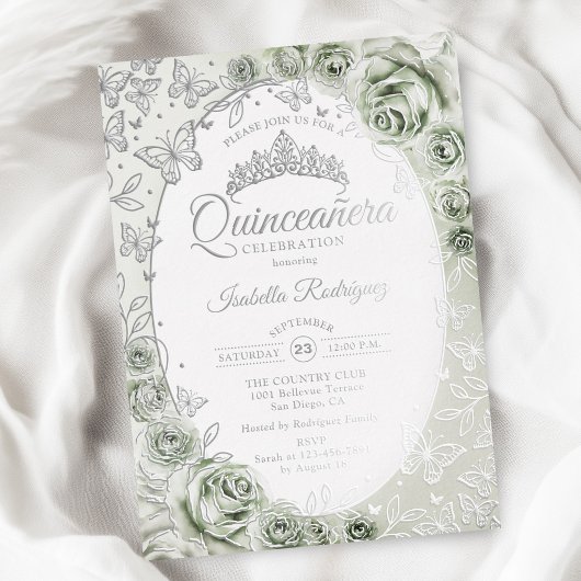 セージグリーンシルバーフローラルQuinceanera 箔招待状