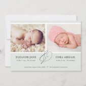 セージグリーンシンプルツインズフォト誕生 案内状 (正面)