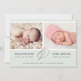 セージグリーンシンプルツインズフォト誕生 案内状