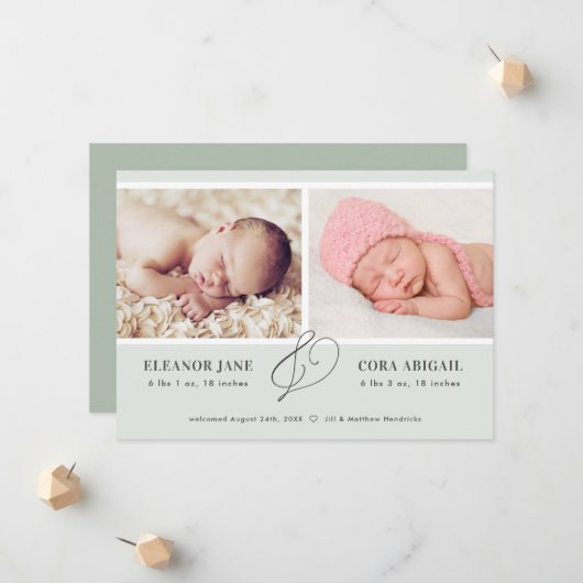 セージグリーンシンプルツインズフォト誕生 案内状 (正面/裏面インサイチュ)