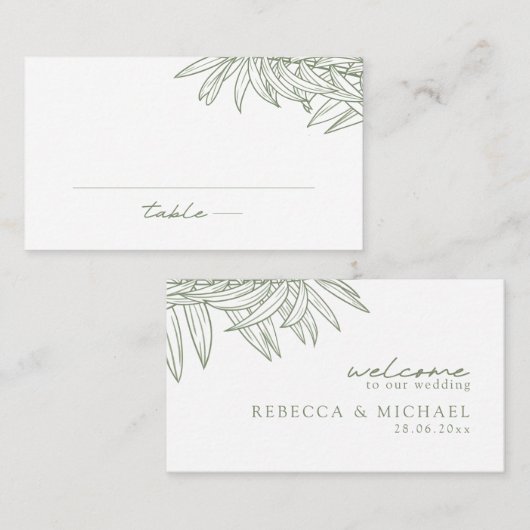 セージグリーンシンプルハンドドロッドボタニカルフラット プレイスカード (正面/裏面)