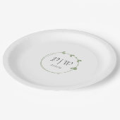 セージグリーンシンプルハートリースモノグラム結婚ズ ペーパープレート (アングル)