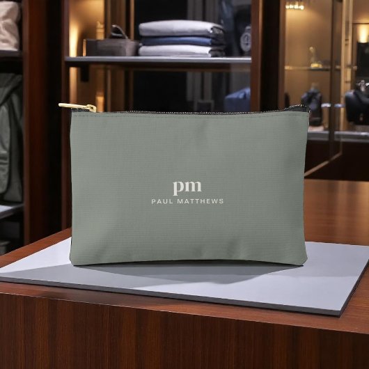 セージグリーンシンプルミニマリストモノグラムと名前 アクセサリーポーチ