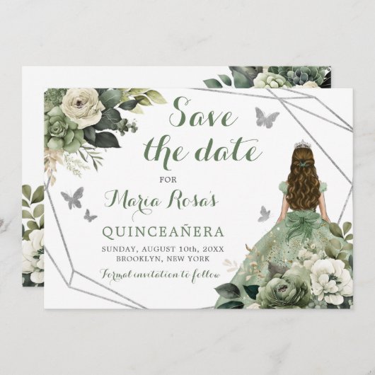 セージグリーンジオメトリックプリンセスクインセアニラフローラ 招待状 (正面/裏面)