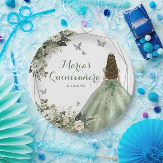 セージグリーンジオメトリックプリンセスXVアニオスフローラ ペーパープレート (パーティー)