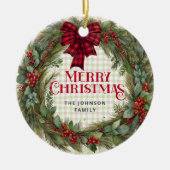 セージグリーンジンガムファームハウスクリスマスリース セラミックオーナメント (正面)