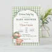 セージグリーンジンガムベビーシャワー招待状 招待状 (スタンド正面)