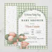 セージグリーンジンガムベビーシャワー招待状 招待状 (正面/裏面)