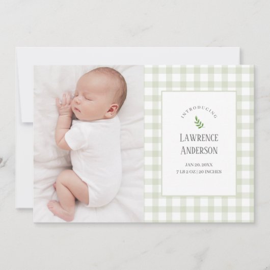 セージグリーンジンガ男女兼用ム2フォト誕生 案内状 (正面)