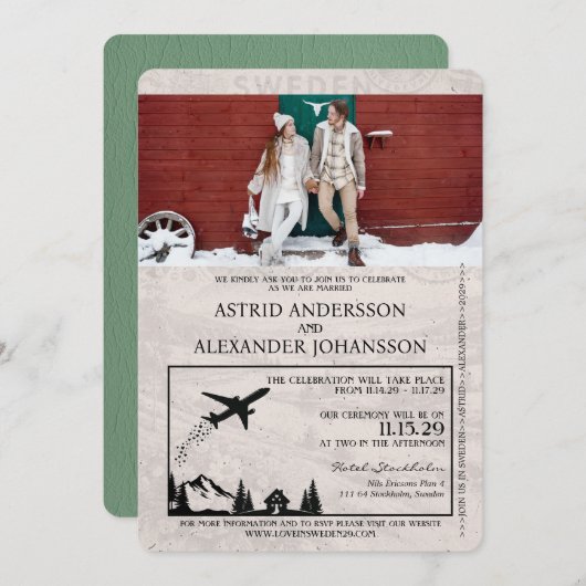 セージグリーンスウェーデンパスポート結婚式招待状 招待状 (正面/裏面)