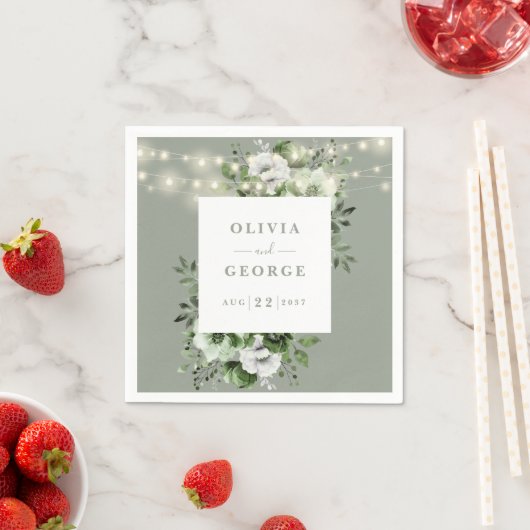 セージグリーンストリングライツフローラ結婚ズナプキン スタンダードカクテルナプキン (インサイチュ)