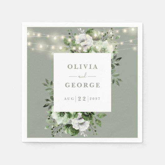 セージグリーンストリングライツフローラ結婚ズナプキン スタンダードカクテルナプキン (正面)