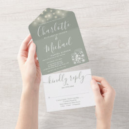 セージグリーンストリングライツメイスンジャーズ結婚ズ オールインワン招待状