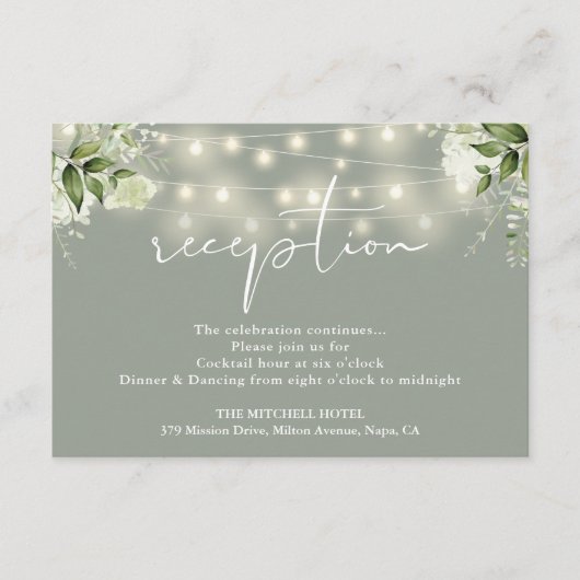 セージグリーンストリングライトフローラウェディングレセプション エンクロージャーカード (正面)