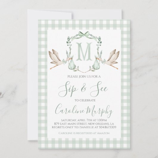 セージグリーンストークシップ&シュー名門私立校風のジンガム 招待状 (正面)