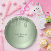 セージグリーンスパークルグリッタードリップス誕生日 ペーパープレート (パーティー)