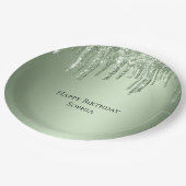 セージグリーンスパークルグリッタードリップス誕生日 ペーパープレート (アングル)