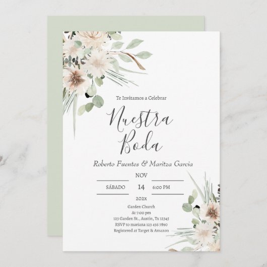 セージグリーンスペインのフローラ結婚ズ 招待状 (正面/裏面)