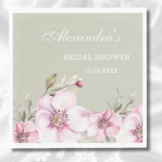 セージグリーンダスティピンクフローラバラブライダルシャワー スタンダードランチョンナプキン