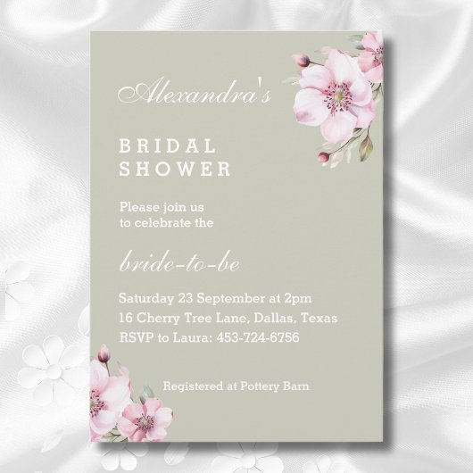 セージグリーンダスティピンクローズフローラブライダルシャワー 招待状