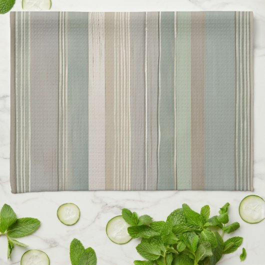 セージグリーンダスティブルータウペググレーファームハウスストライプ キッチンタオル (折り畳み)