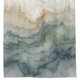 セージグリーンダスティブルーベージュ抽象芸術波 シャワーカーテン