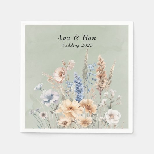セージグリーンダスティブルーワイルドフラワー結婚ズ スタンダードカクテルナプキン (正面)